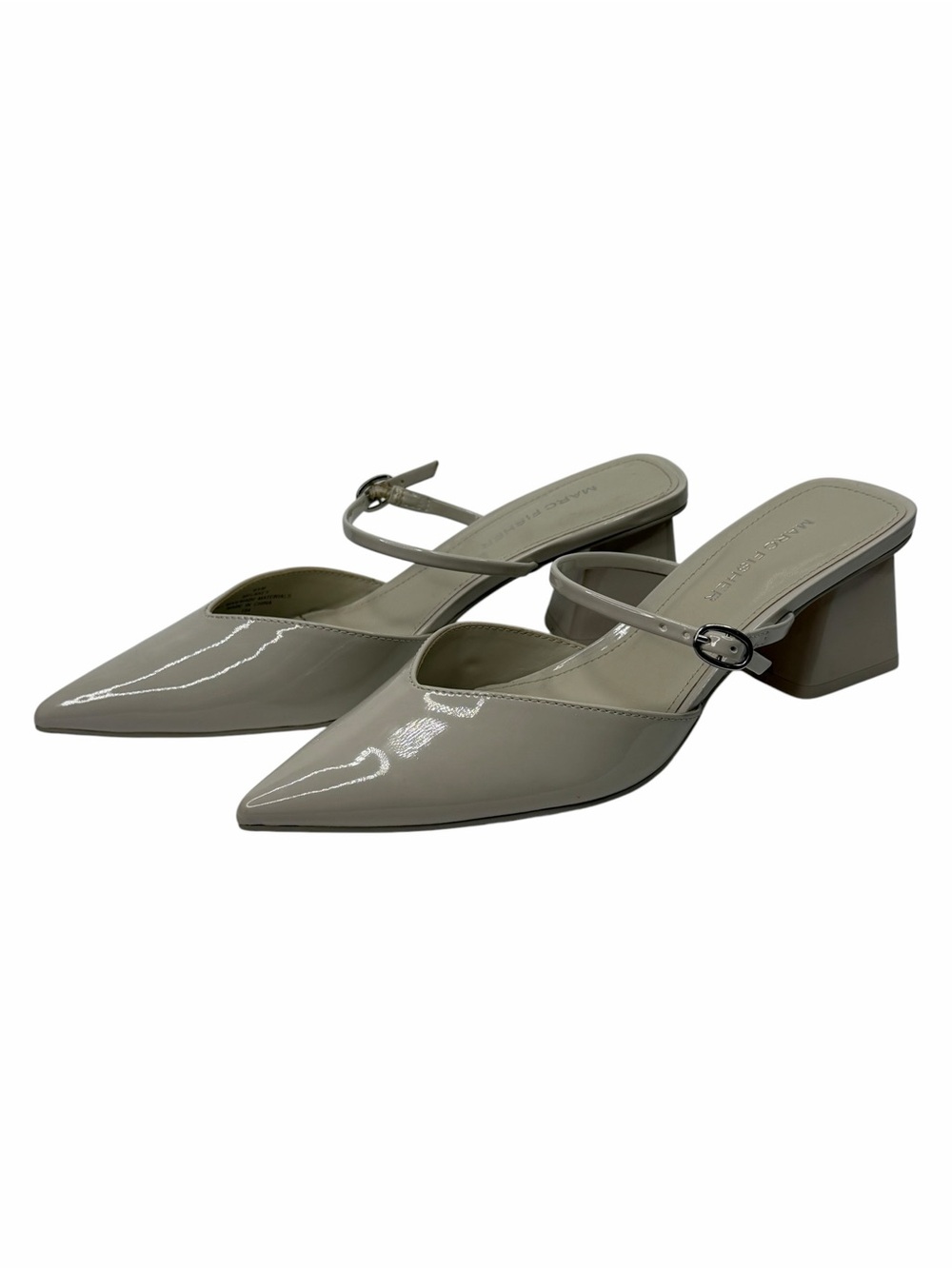 Marc Fisher Lakey Patent Pointed-Toe Strap Mules in Light Taupe